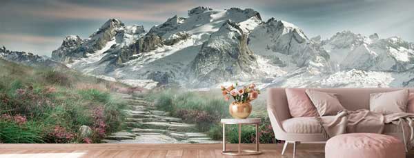 Fototapeta z górami w aranżacji romantycznego salonu